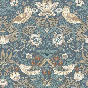 William Morris At Home Strawberry Thief Wallpaper Washed Blue 140503