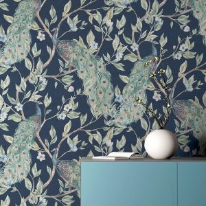 Navy Birds Keeka Peacock Wallpaper Navy World of Wallpaper 946100