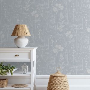 Dusky Blue Floral Wallpaper World of Wallpaper