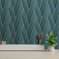 Armando Herringbone Geometric Wallpaper Teal / Gold Debona