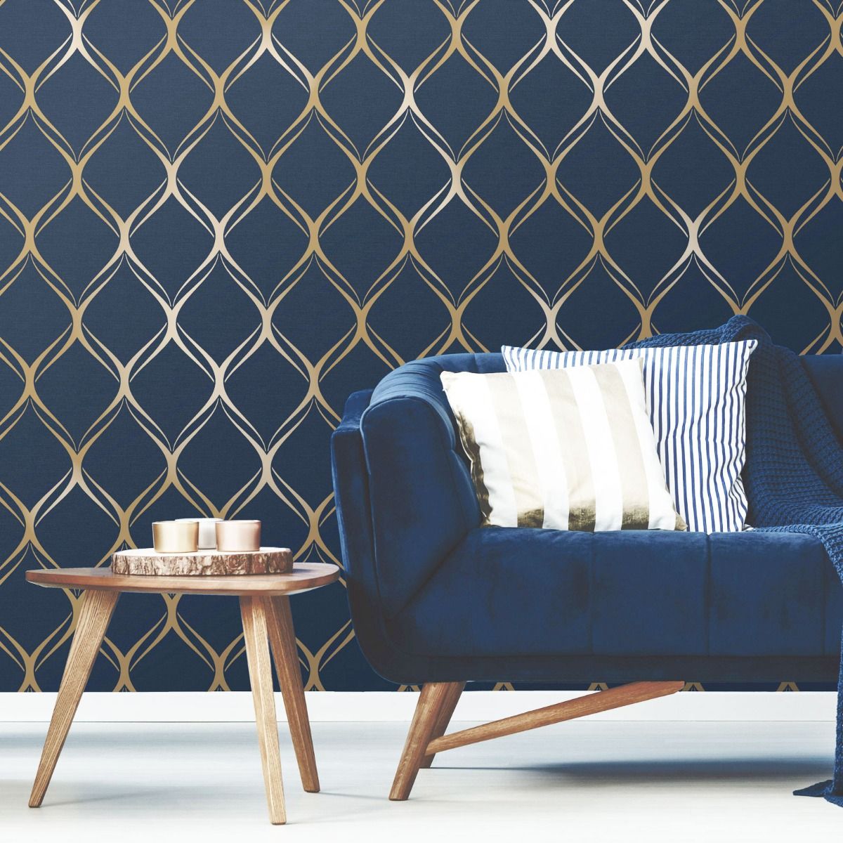 Clifton Wave Geometric Wallpaper Navy / Gold WOW41964