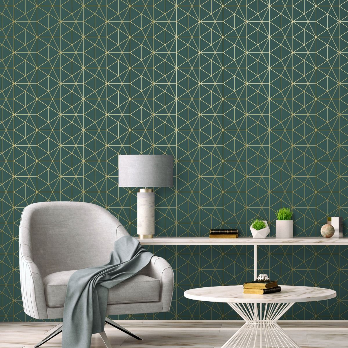 Metro Prism Geometric Triangle Wallpaper - Emerald Green and Gold - WOW037 room shot
