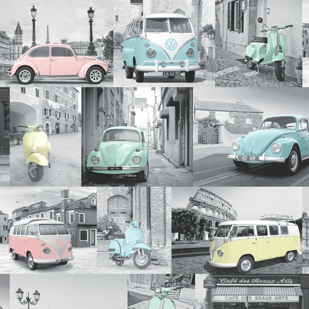 VW Volkswagen Collage Wallpaper Pastel Muriva 102563