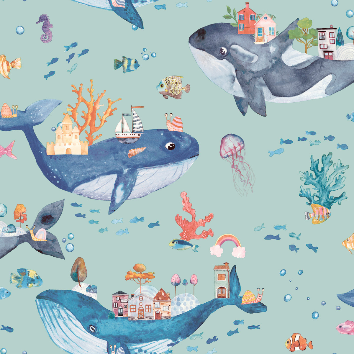 Whale Town Wallpaper Holden Soft Teal 13221