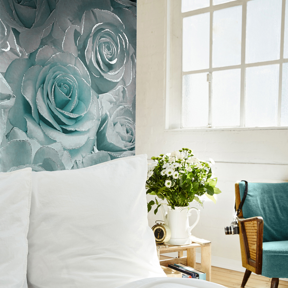 Madison Rose Glitter Floral Wallpaper Aqua and Grey Muriva