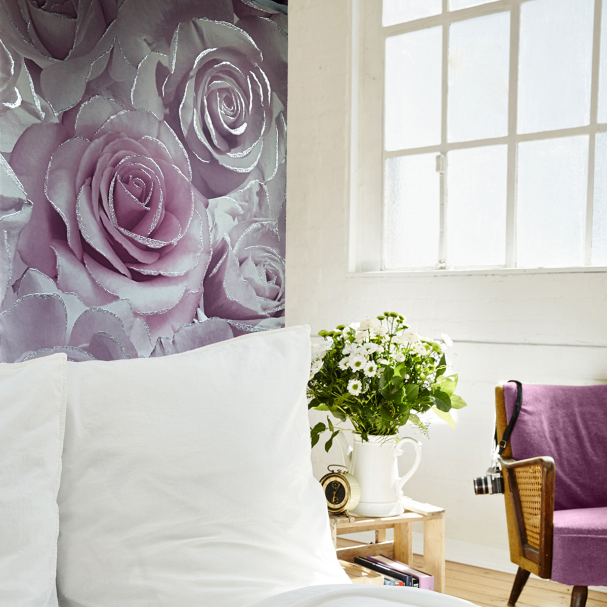 Madison Rose Glitter Floral Wallpaper Amethyst and Lilac Muriva 