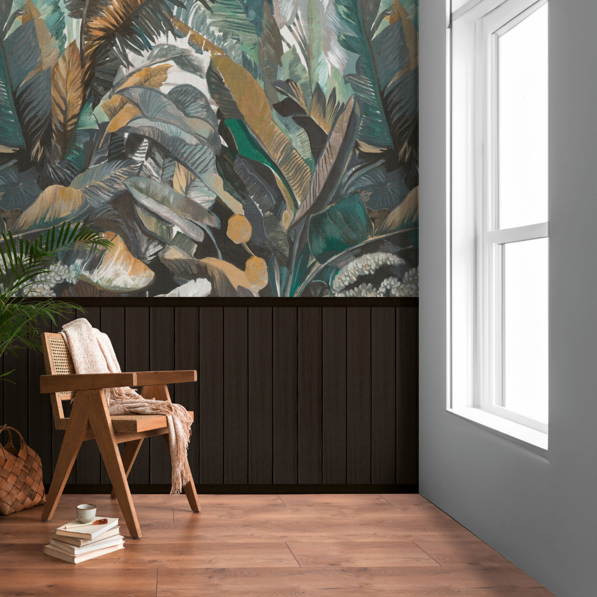 Tropical Leaf & Wood Slats Black 39809-1
