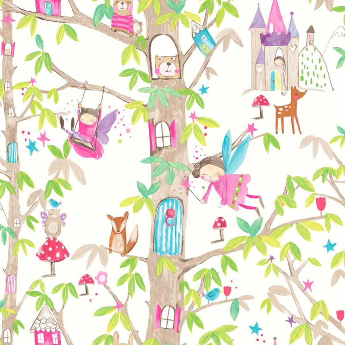 Woodland Fairies Glitter Wallpaper White