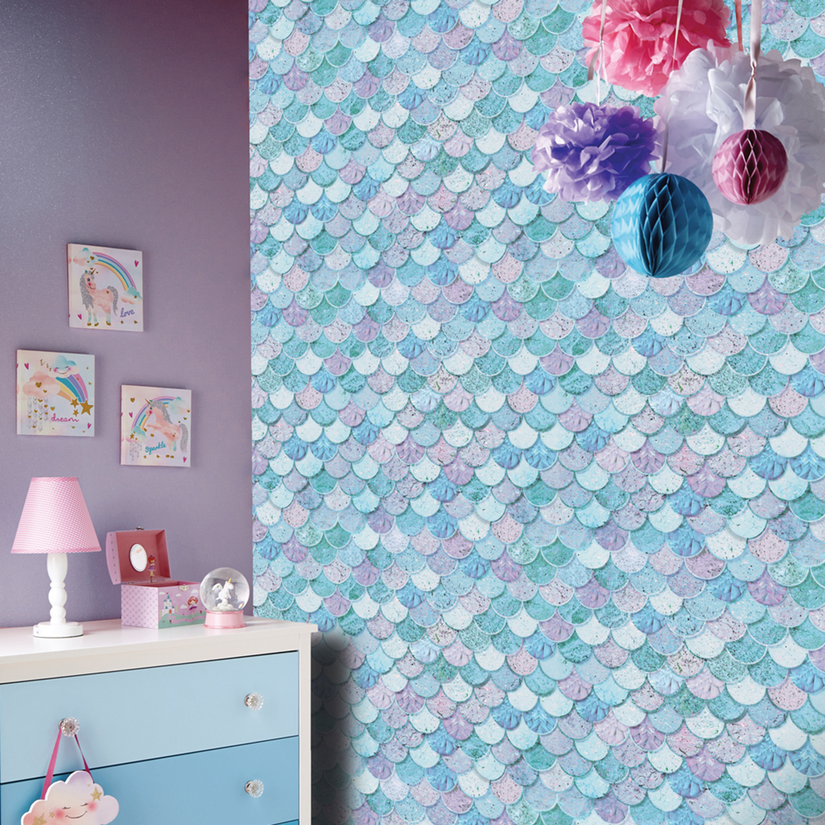 Mermazing Mermaid Scales Glitter Wallpaper Arthouse 698305 Ice Blue