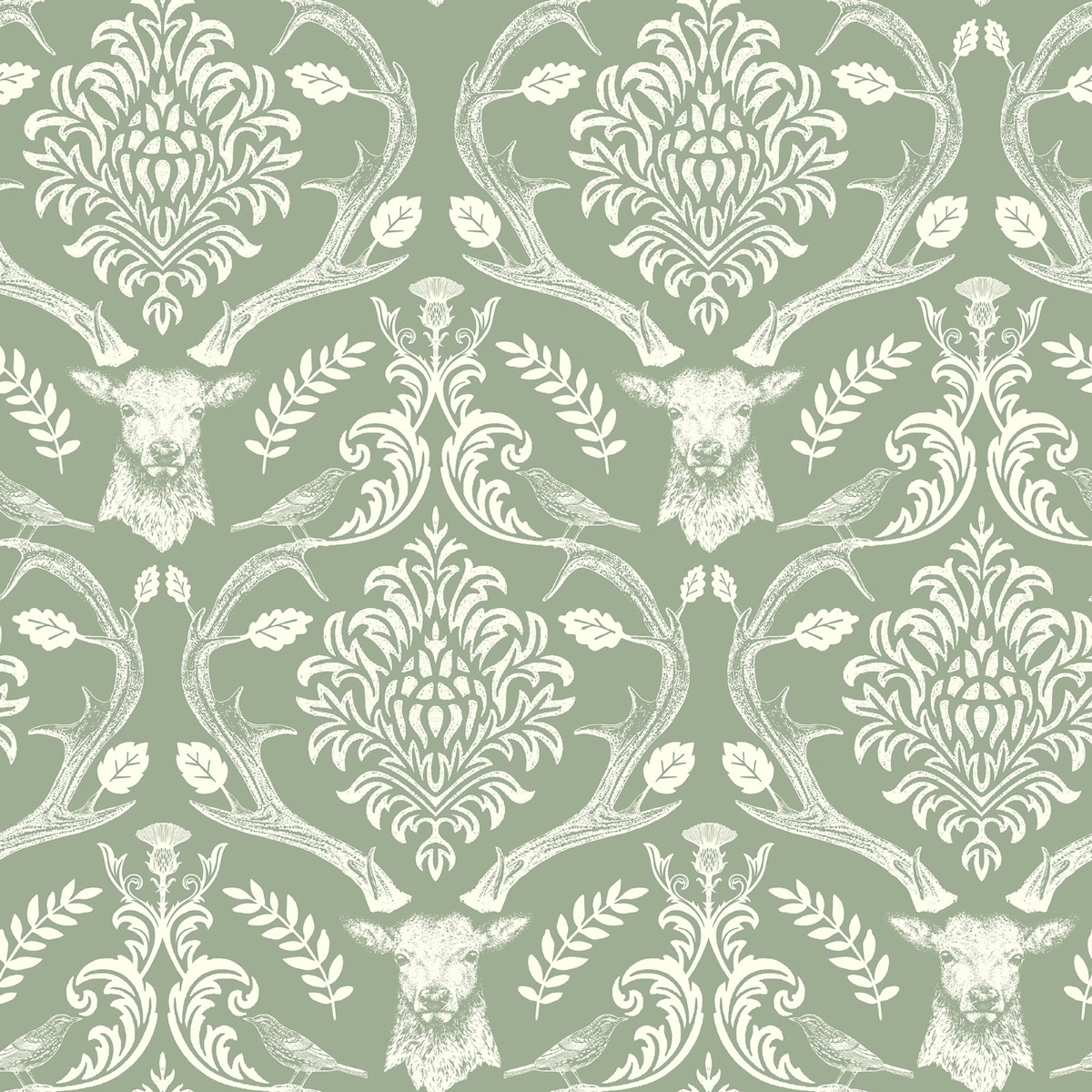 Stag Damask Wallpaper Arthouse Sage Green 923706