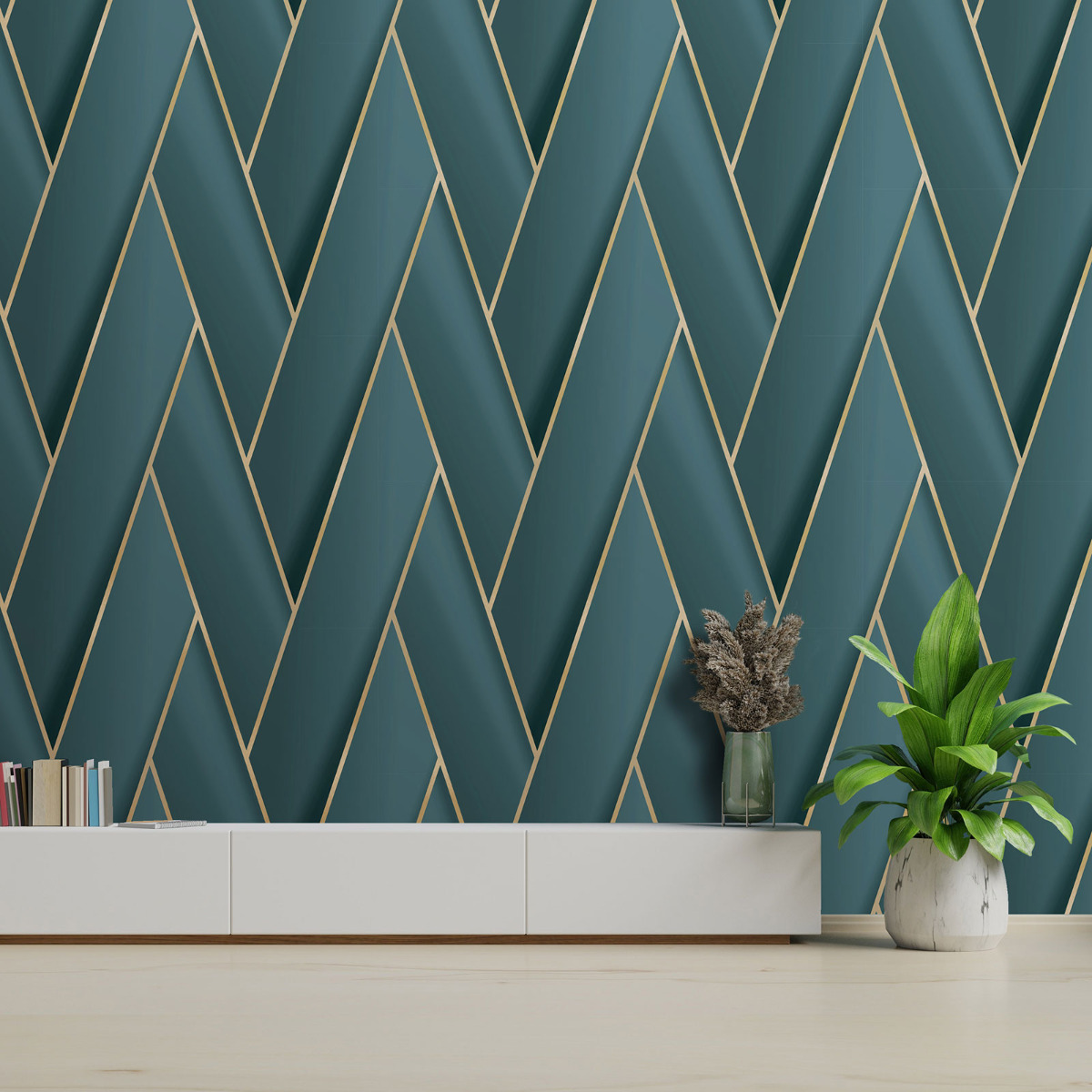 Armando Herringbone Geometric Debona Wallpaper Teal/Gold 2122