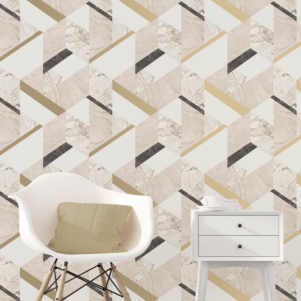 Marblesque Geometric Marble Wallpaper Cream and Gold 