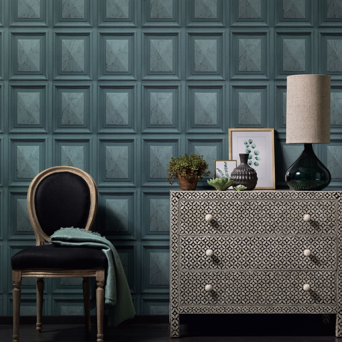Imitations Marble Wood Panel Effect Wallpaper Teal Erismann 6319-18