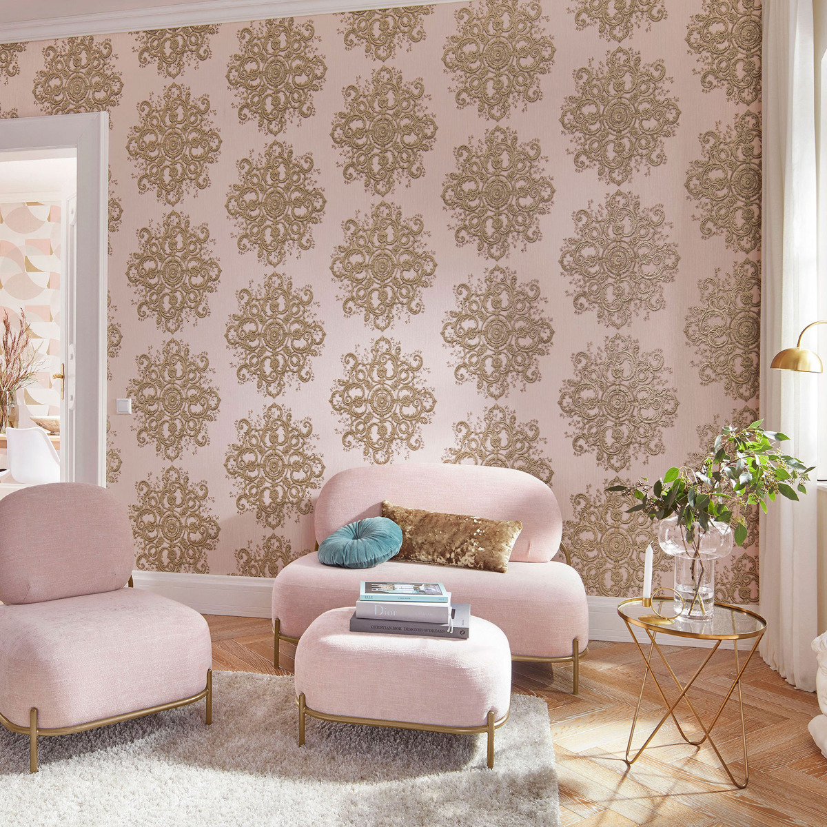 Elle Decoration Baroque Damask Wallpaper Blush Pink Gold 1015405