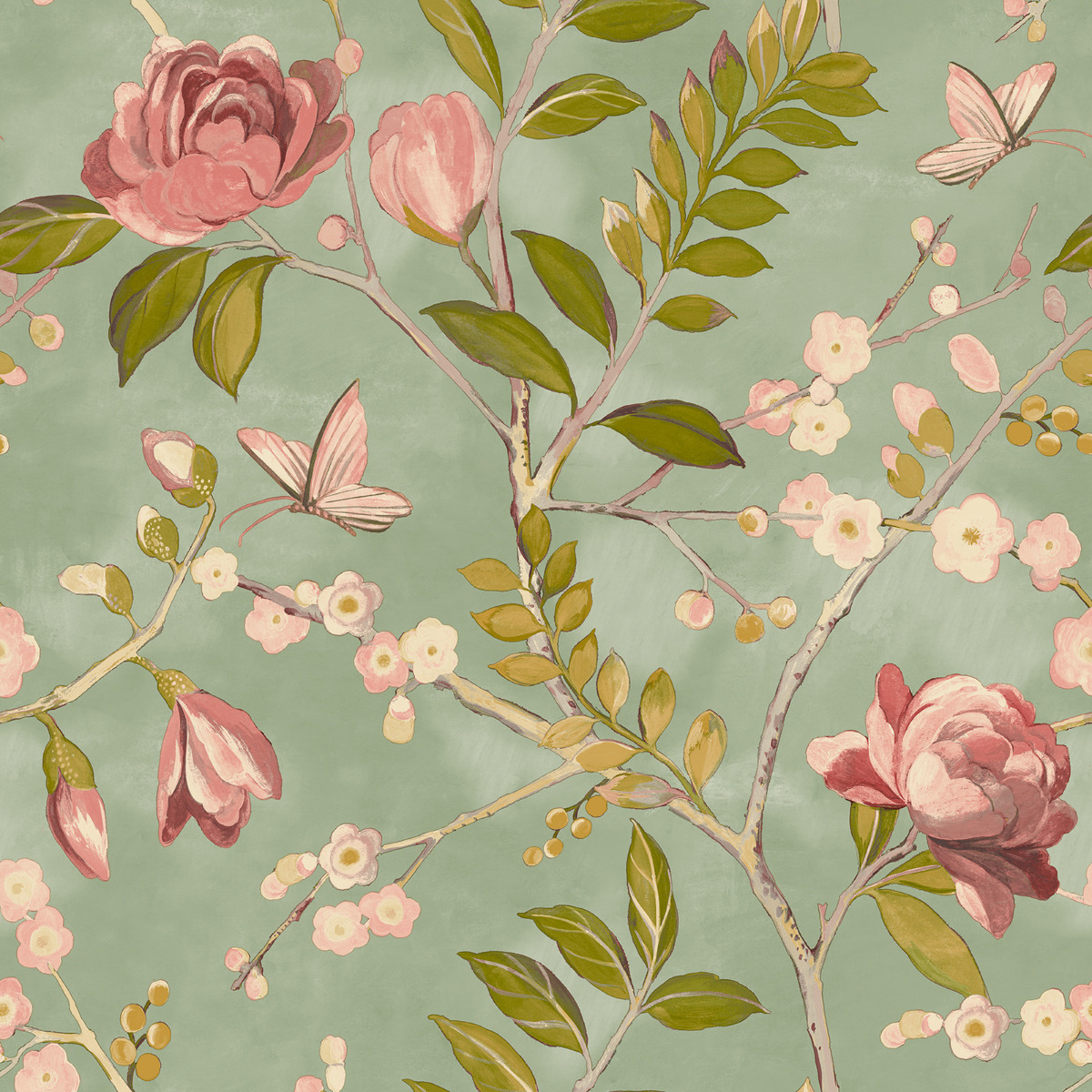 Lola Floral Wallpaper Grandeco Green/Pink A68803