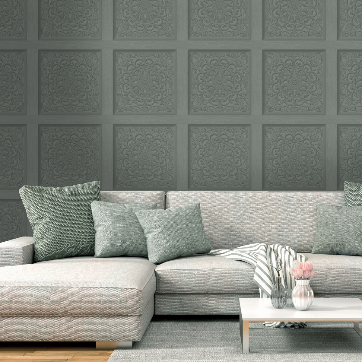 Ornate Wood Panel Holden Wallpaper Teal 13381
