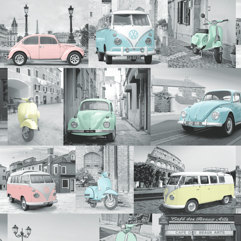 VW Volkswagen Collage Wallpaper Pastel Muriva 102563