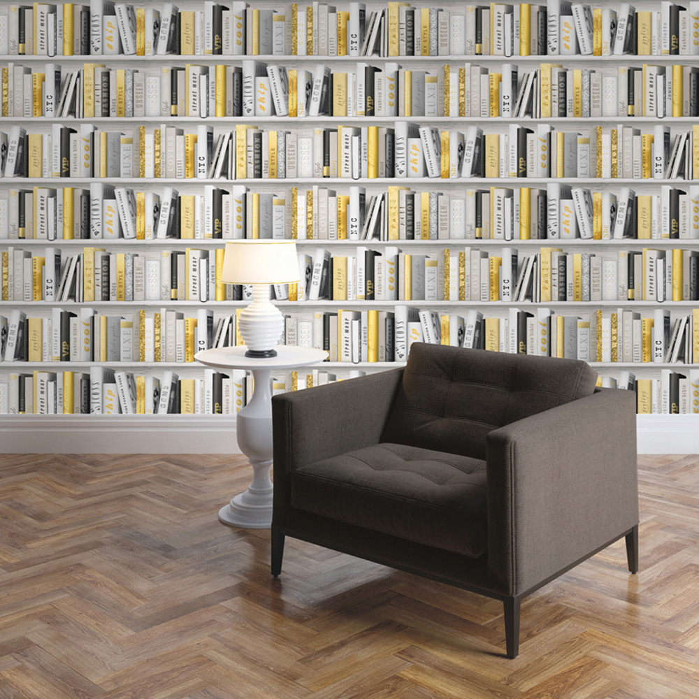 Fashion Library Bookcase Wallpaper Gold Muriva 139503