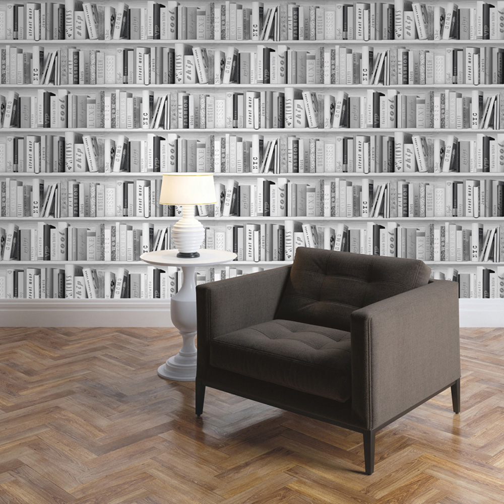 Fashion Library Bookcase Wallpaper Silver Muriva 139502