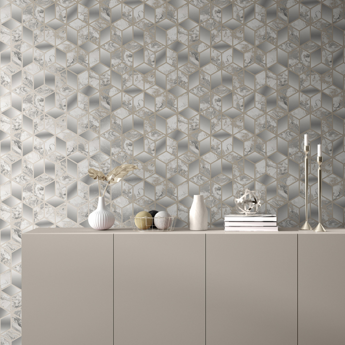 Elixir Cube Marble Wallpaper Grey / Gold Muriva 166513