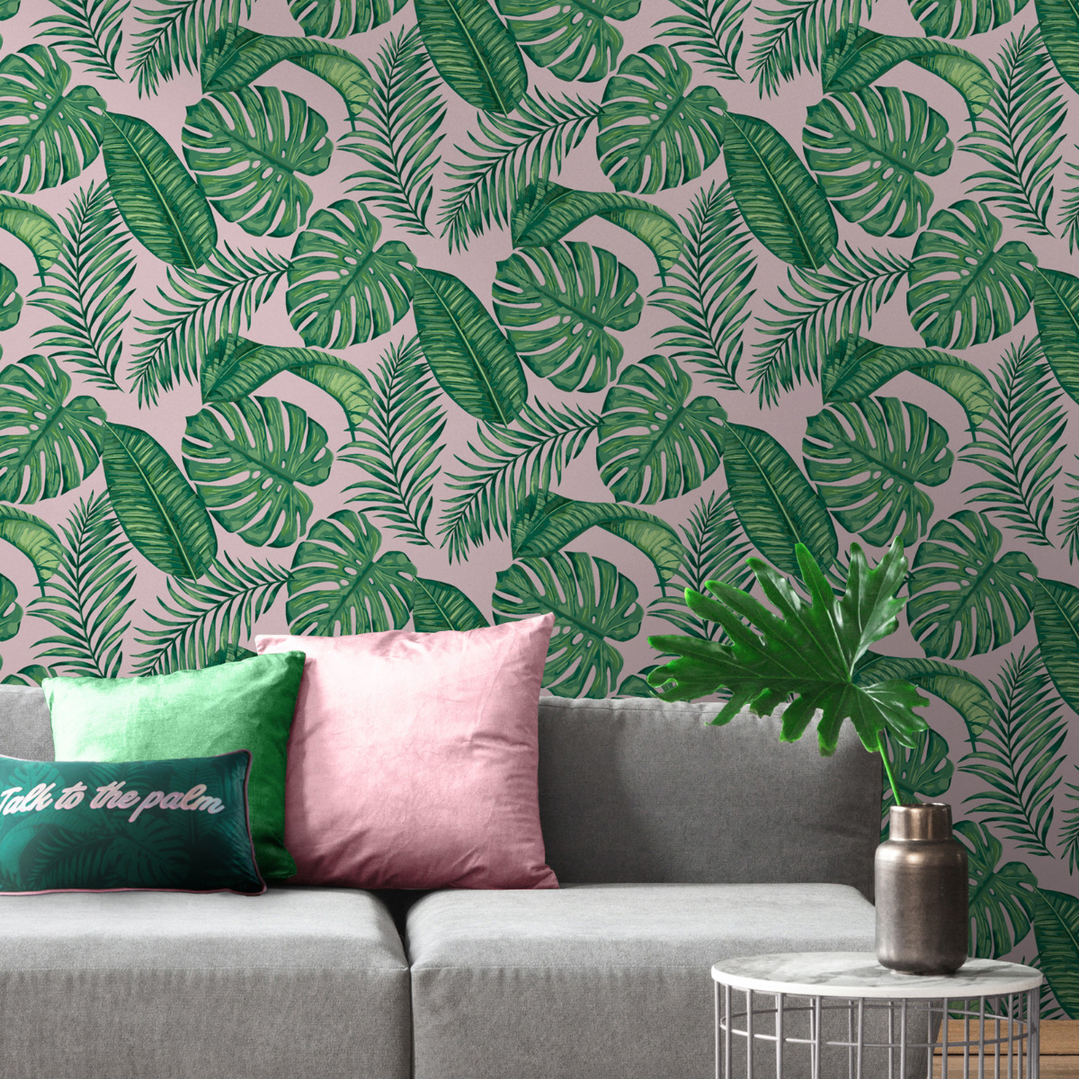 Skinnydip Dominica Tropical Leaf Wallpaper Green / Pink Muriva 180520