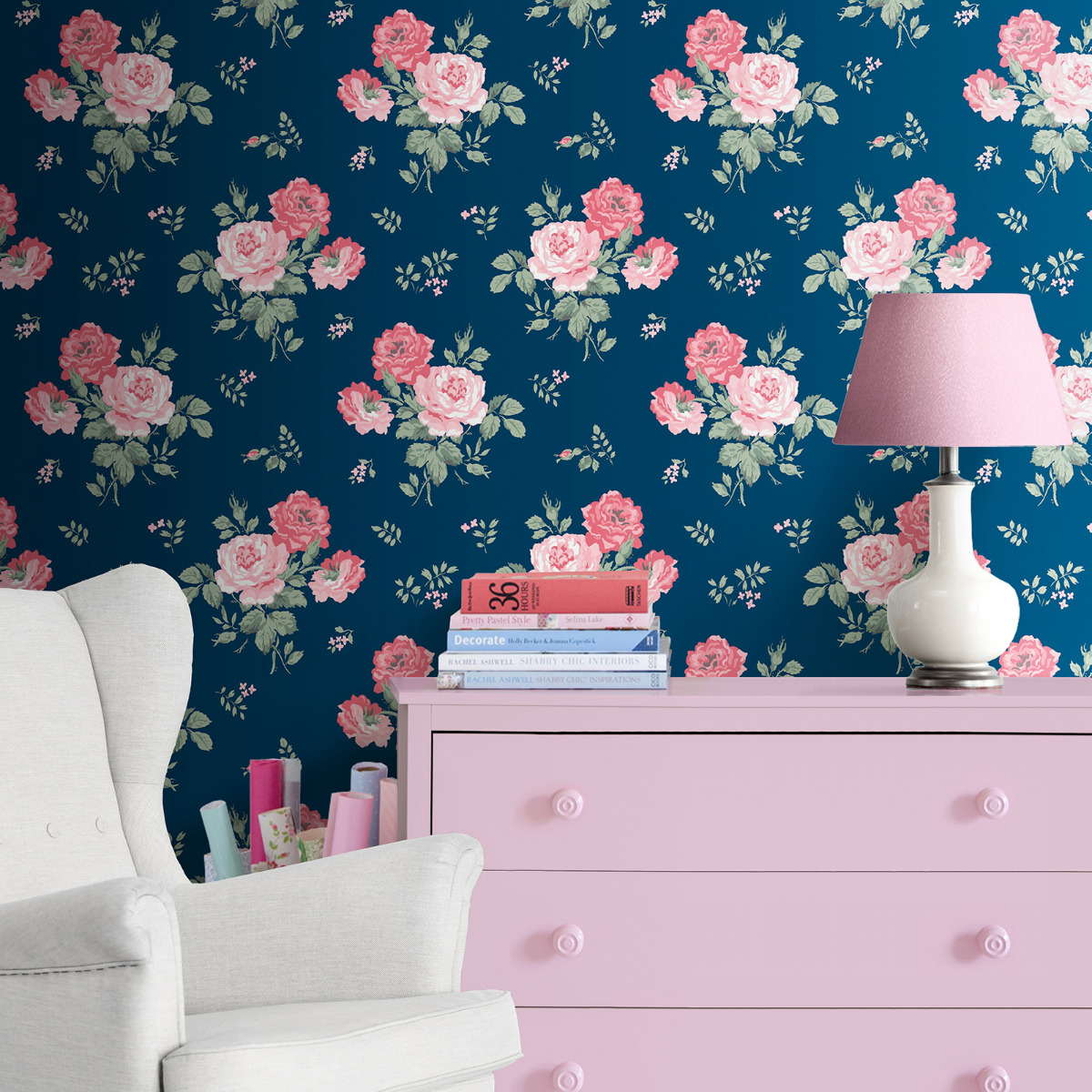 Cath Kidston Antique Rose Wallpaper Blue 182503