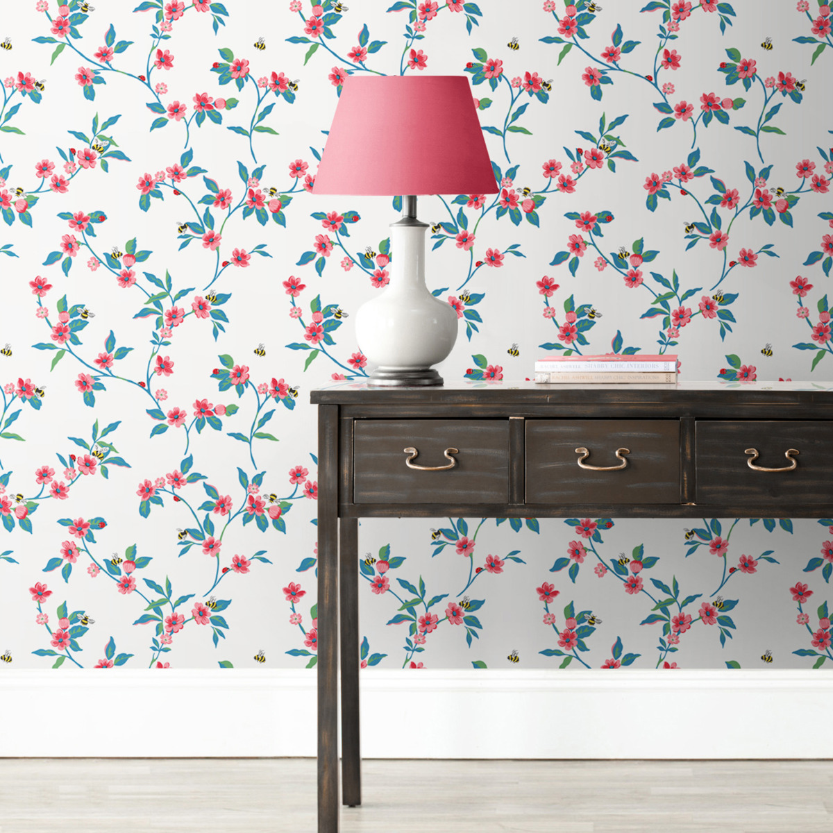 Cath Kidston Greenwich Flowers Wallpaper Cream / Red 182511