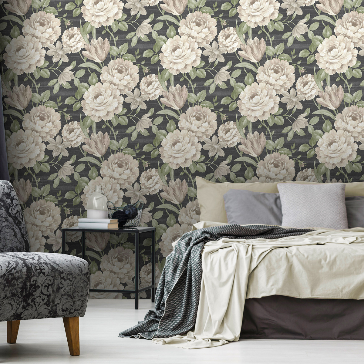 Fayre Floral Muriva Wallpaper Cream / Black 194302