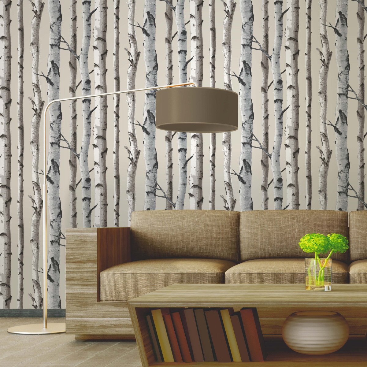 Birch Trees Wallpaper Cream and Silver Fine Decor FD31051