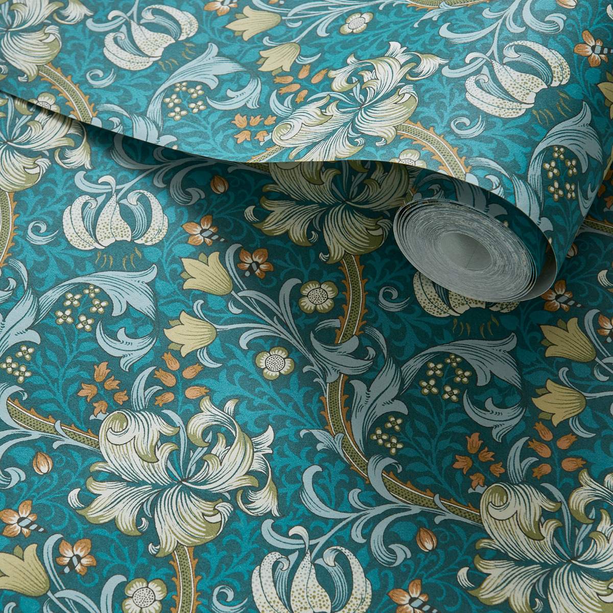Golden Lily Wallpaper by William Morris Deep Teal W0174/03