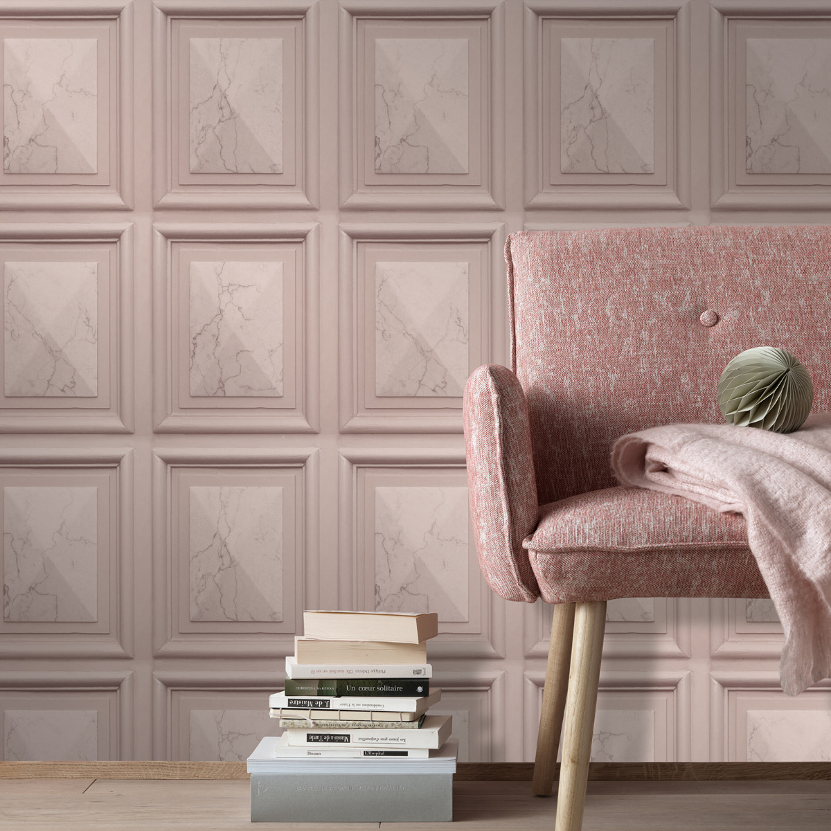 Marble Wood Panel Wallpaper Blush Pink AG500-35