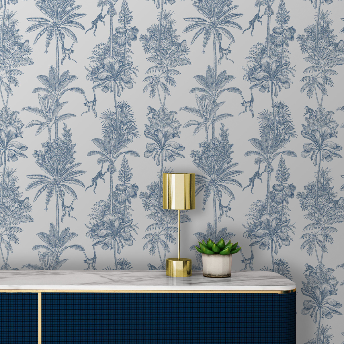 Monkey Troop Toile Wallpaper World of Wallpaper Blue AF0010