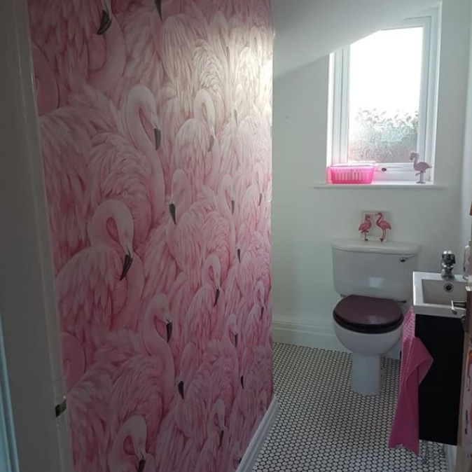 Pink Flamingo Bathroom Wallpaper Instagram @stylish_mumandmrs